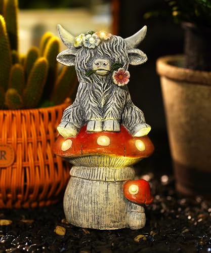 Yeomoo Highland Cow Figuren Kuh Solar Deko für Gartendeko & Wohnzimmer - Lustig Hochlandrind auf rotem Pilz mit Blumen Gartenfiguren Ideales küh Geschenk für Frauen/Männer/Mama Garten Balkon Deko Grau von Yeomoo