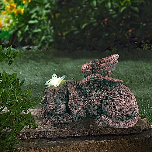 Yeomoo Hunde Engel Solar Gartendeko Figuren für Draußen mit Buttfly - Wetterfeste Tierstatue Balkon Deko, Schlafender Welpe Solarbetrieben Figur Grabschmuck Grabstein, Geschenke für Frauen Mama Kupfer von Yeomoo