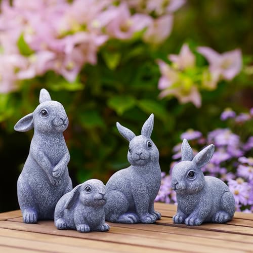 Yeomoo Kaninchen Familie Gartenfiguren Gartendeko für Draußen: Kawaii Hasen Figuren Deko Wohnzimmer Lustige Kaninchen Geschenke für Frauen Mama Männer Garten Deko Terrasse Grau 4 Stück von Yeomoo