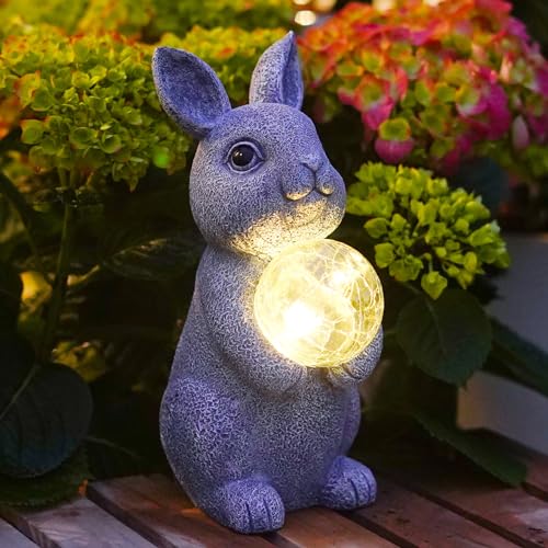 Yeomoo Kaninchen Figuren mit Solar Ball Deko Wohnzimmer Gartendeko: Hase Gartenfiguren Geschenke für Frauen Mama Geburtstag Wetterfest Deko für Draußen Zimmer Garten Balkon Terrassen Dekoration Grau von Yeomoo
