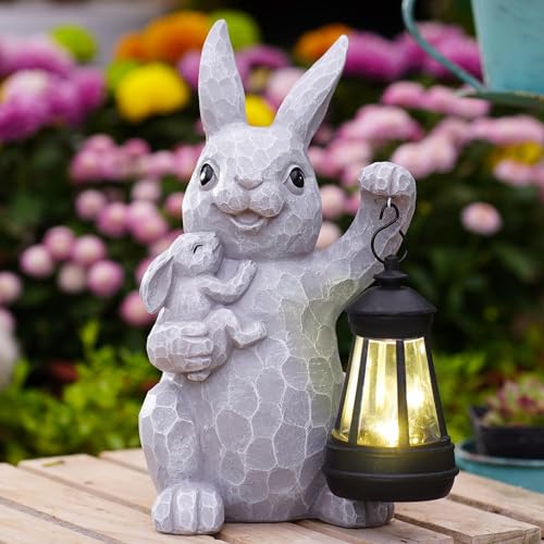 Yeomoo Kaninchen Mutter mit Baby Figuren Deko Wohnzimmer Gartendeko für Draußen: Lustige Geschenke für Mama Frauen Männer Hase Gartenfiguren mit Solarlampen Wetterfest Zimmer Garten Balkon Deko Grau von Yeomoo