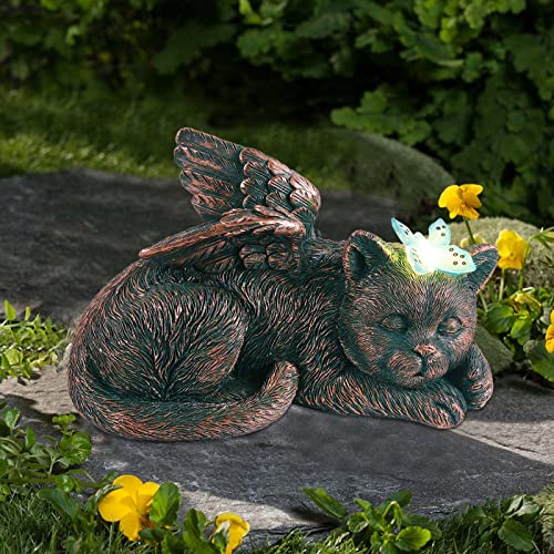 Yeomoo Katze Engel Solar Gartendeko Figuren für Außen mit Buttfly, Wetterfeste Tierstatue Balkon Deko, Schlafende Katze Solarbetrieben Figur Deko Grabschmuck Grabstein Geschenke für Frauen Mama Kupfer von Yeomoo