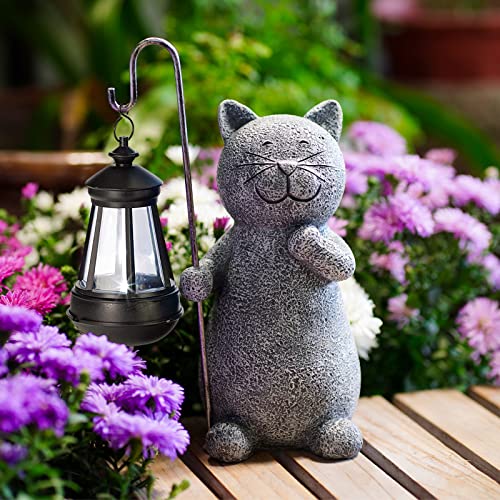 Yeomoo Katze Gartenfiguren für Außen mit Solar Laterne – Lustig Wasserdicht Solarlampe Figur Gartendeko für Draußen Balkon Terrassen Geschenke für Frauen Männer Mama Geburtstag Feengarten Grau von Yeomoo