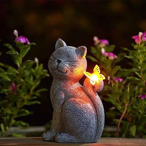 Yeomoo Katzen Figuren mit Solar Schmetterling Deko Wohnzimmer Gartendeko für draußen: Lustig katze Geschenk für Frauen Mama Geburtstagsgeschenk Gartenfiguren Wasserdicht Zimmer Garten Balkon Deko Grau von Yeomoo