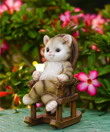 Yeomoo Katzen Figuren Solar Deko für Wohnzimmer Gartendeko - Katze Trinken auf dem Schaukelstuhl Lustig Katze Geschenk für Männer Frauen Mama Geburtstag Katzenliebhaber Deko für Zimmer Garten Blakon von Yeomoo