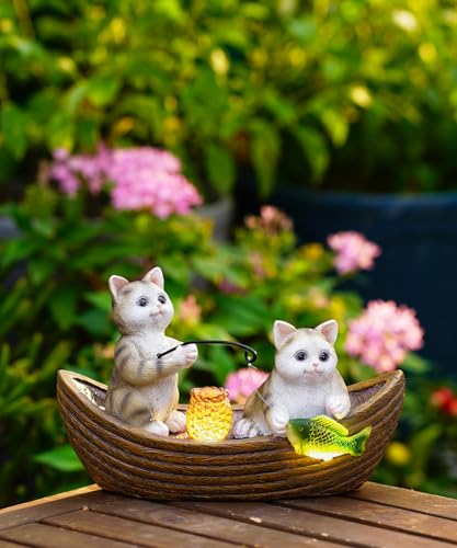 Yeomoo Katzen Fischen Figuren Deko Solar Gartendeko für Draußen - Lustig Katze auf dem Boot Solar Figuren Geschenke für Frauen Mama Männer Geburtstagsgeschenk Wasserdicht Balkon Zimmer Terrasse Deko von Yeomoo