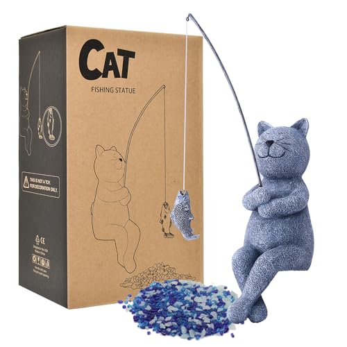 Yeomoo Katzen Fischen Figuren Deko Wohnzimmer Gartendeko für Draußen: Lustig Katze Geschenke für Frauen Mama Männer Geburtstagsgeschenk Wasserdicht Cat Zimmer Deko Ballkon Gartenfiguren Grau 25CM von Yeomoo