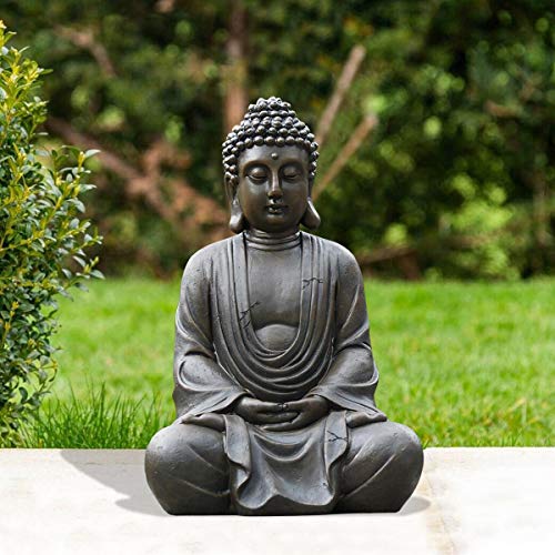 Yeomoo Meditation Figur Gartendeko für Draußen – Zen Buddha Spirituelle Garten Deko Geschenke für Zimmer Balkon Innen Dekoration Orientalische mit Perlenkette aus Naturholz Schwarz 29CM von Yeomoo