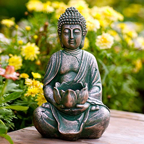 Yeomoo Meditation Buddha Figur Teelichthalter/Kerzenhalter Deko Wohnzimmer – Buddha Figuren mit Lotus Zen Zimmer Dekoration Gartendeko für Draußen mit LED Teelicht Personalisierte Geschenke Kuper 20CM von Yeomoo