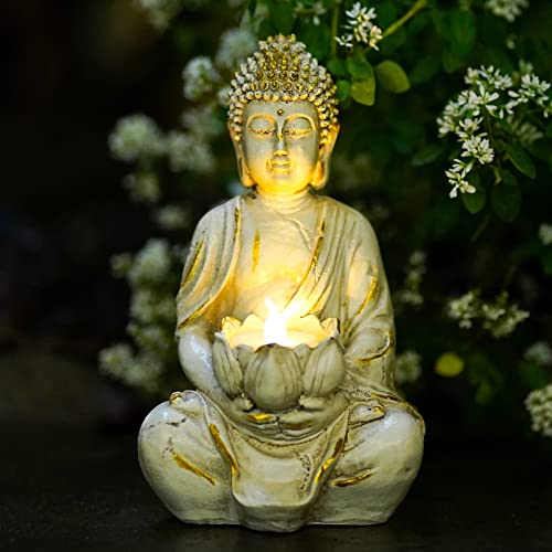 Yeomoo Meditation Buddha Figur Teelichthalter/Kerzenhalter Deko Wohnzimmer – Buddha Figuren mit Lotus Zen Zimmer Dekoration Gartendeko für Draußen mit LED Teelicht Personalisierte Geschenke Weiß 20CM von Yeomoo