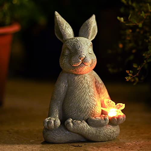 Yeomoo Meditation Yoga Kaninchen Figuren Deko Zimmer Gartendeko für Drau: Hase mit Solar Schmetterling Gartenfiguren Geschenke für Frauen Mama Freundin Geburtstag Wasserdicht Deko Wohnzimmer Garten von Yeomoo