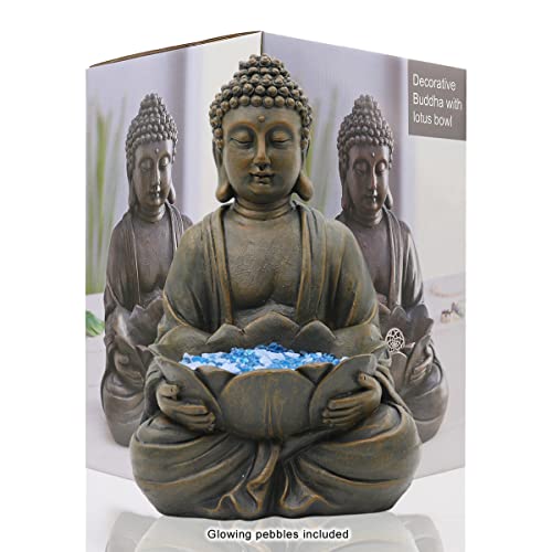 Yeomoo Meditation Buddha Figur Gartendeko für Draußen – Zen Buddha Garten Deko Wohnzimmer Balkon Dekoration Groß Figuren mit Lotus Kieselsteinen und Glasstein Geschenke für Frauen Männer Bronze 30CM von Yeomoo