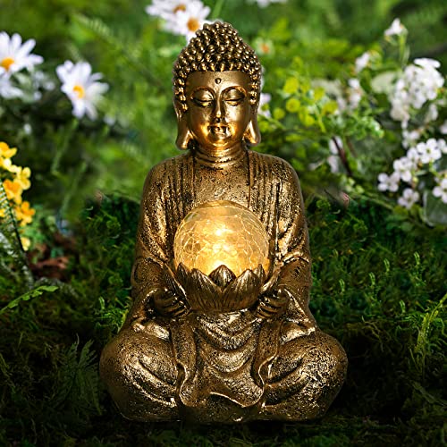 Yeomoo Meditierender Buddha Figur Deko mit Solarlicht,Zen Solargarten groß Buddha mit gesprungener Glaskugel Statue Skulptur-Innen/Draußen Deko für Balkon,Garten,Terrasse,Veranda,Yard Art,26.5cm Gold von Yeomoo