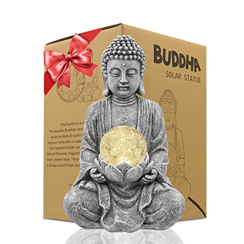 Yeomoo Meditation Buddha Figur Gartendeko für Draußen – Zen Buddha Deko Groß mit Solarlampe Glaskugel Figuren Geschenke für Mama/Frauen Japanische Deko für Balkon,Garten,Terrasse Zimmer Grau 26.5CM von Yeomoo