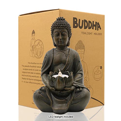 Yeomoo Meditierender Buddha Teelichthalter/Kerzenhalter Statue Zen Buddha Figur Deko mit Lotus – Innen-/Außendekoration für Haus, Garten, Hof, Kunstdekoration – mit einem LED-Teelicht, Harz 1P von Yeomoo