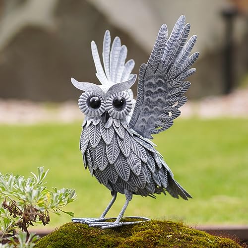 Yeomoo Metall Eule Gartenfiguren Gartendeko für Draußen Wetterfest: Eulen Geschenk für Frauen Freundin Mama Geburtstag Eule Deko Figur für Herbstdeko Außen Garten Dekoration Balkon Vogelabwehr Grau von Yeomoo