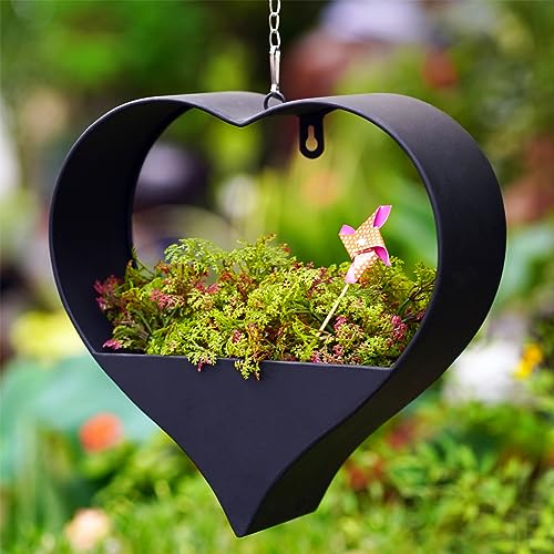 Yeomoo Metall Herzform Blumentopf Hängend Gartendeko für Draußen - Schwarz Pflanzkübel Deko für Garten Balkon Draussen Pflanzentopf Deko Wohnzimmer Hängetopf Geschenke für Frauen Mama Pflanztopf von Yeomoo