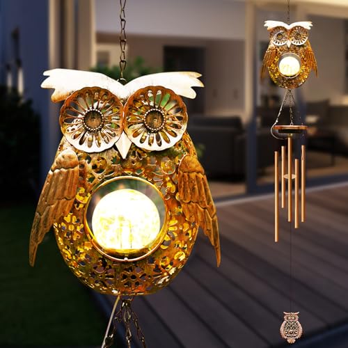Yeomoo Metall Windspiel Garten mit Solar Eulen Deko für Draußen: Eule Windspiele Aufhängung Gartendeko Geschenke für Frauen Mama Geburtstagsgeschenk Glockenspiele für Terrasse Balkon Flur Kupfer von Yeomoo