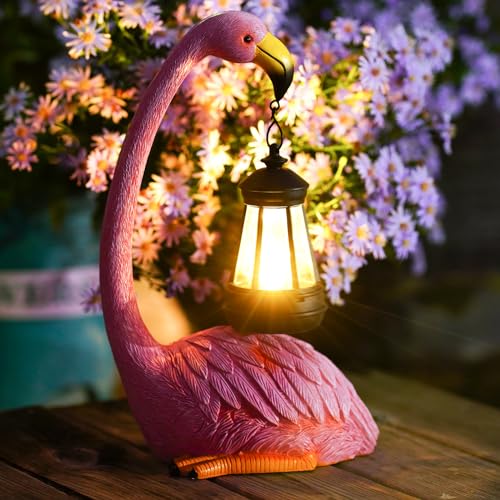 Yeomoo Rosa Flamingo Figuren mit Solarlampen Deko für Wohnzimmer Garten: Flamingo Gartenfiguren Geschenke für Frauen Mama Geburtstag Gartendeko für Draußen Lustige Solar Lichterkette Deko für Balkon von Yeomoo