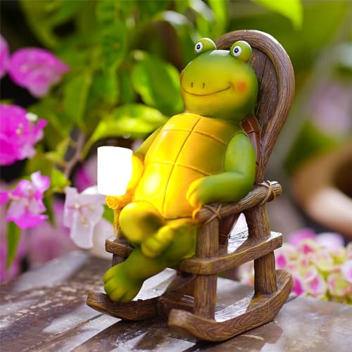 Yeomoo Schildkröte Gartenfiguren Deko Solar Gartendeko für Draußen: Lustige Schildkröte Trinken auf dem Schaukelstuhl Deko für Zimmer Balkon Personalisierte Geschenke für Männer Frauen Garten 18CM von Yeomoo