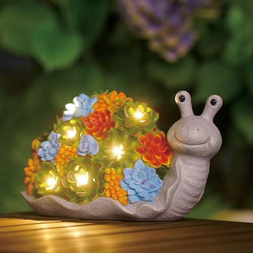 Yeomoo Schnecken Deko Gartenfiguren Gartendeko mit Solarlampen für Außen: Lustig Schnecke Deko Wohnzimmer mit Sukkulenten Solar Lichterkette Geschenke für Mama Frauen Geburtstagsgeschenk Balkon Deko von Yeomoo