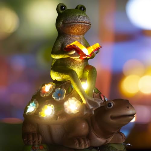 Yeomoo Solar Frosch Reiten Schildkröte Figuren Gartendeko für Draußen – mit Blumen LED Solarlampen für Außen Lustige Garten Deko Geschenke für Frauen/Mum/Männer Zimmer Feengarten Kinder Dekoration von Yeomoo