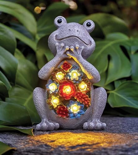 Yeomoo Frosch Gartenfiguren mit Solarlampen Gartendeko für Draußen: Lustige Forsch Deko mit Sukkulenten Solar Lichterkette Geschenke für Frauen/Mama/Männer Geburtstagsgeschenk Garten Balkon Deko Grau von Yeomoo