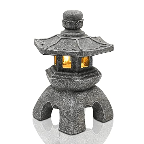 Yeomoo Solar Pagode Garten Deko für Draußen – Pagode Solar Laterne Gartenfiguren Zen Garten Japanische deko für Wohnzimmer Balkon Terrasse Geschenke für Frauen Mama Wasserdicht Solarlampe Garten Grau von Yeomoo