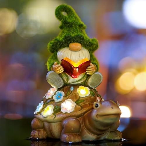 Yeomoo Solar Zwerg Reiten Schildkröte Gartendeko für Draußen Figuren - mit Blumen LED Lichterkette Lustige Feengarten Kinder Garten Deko Figur Geschenke für Frauen/Mum/Männer Zimmer Dekoration 21.5CM von Yeomoo