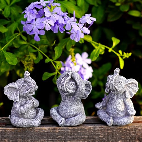 Yeomoo Yoga Elefant Gartenfirguren Zen Gartendeko Deko Wohnzimmer - Harz Elefanten Figuren Miniatur Deko Elefant Geschenke für Frauen Kinder Freundin Geburtstag Schreibtisch Zubehör 3 Stück Grau von Yeomoo