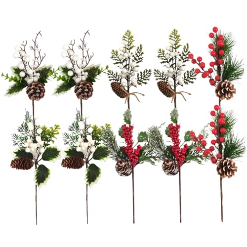 Künstliche Weihnachtszweige, 10pcs Künstliche Tannenzweige mit Beeren Tannenzapfen, Weihnachten Zweige Weihnachtsdeko für Weihnachtsbaum Vase von Yeory