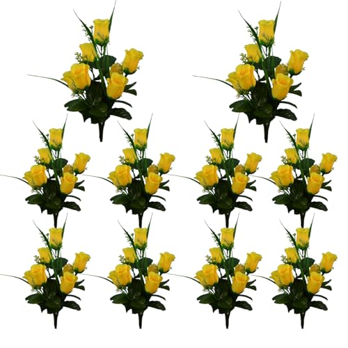 Yeory 10pcs Künstliche Blumen für Friedhof, Künstliche Rosen Blumensträuße Seidenblumen wie Echt Plastik Blumen für Friedhof Garten Vase Balkon Gelb von Yeory