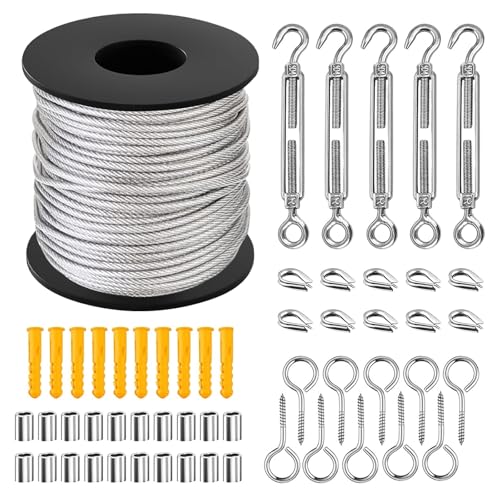 Yeqqzq 50M Drahtseil Kit Edelstahl Drahtseil M5 Spannschloss Spanner Metall Gartendraht für Outdoor Garten Küche Handwerk mit Spannschloss Yeqqzq 50M Drahtseil Kit Edelstahl Drahtseil M5 Spannschloss Spanner Metall Gartendraht für Outdoor Garten Küche Handwerk mit Spannschloss von Yeqqzq