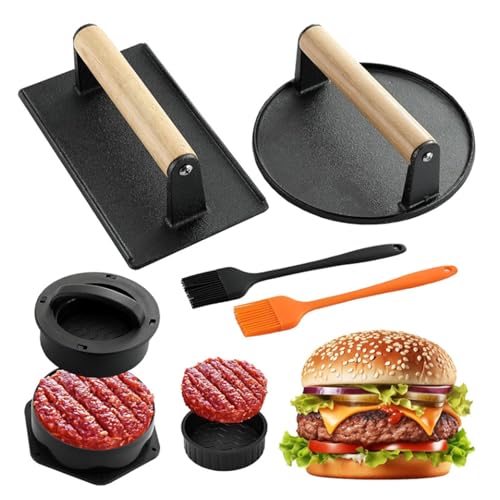 Yeqqzq Burgerpressen-Set aus Gusseisen, Burgerpresse, 4-in-1-Burgerform, Soßenpinsel im Lieferumfang enthalten, antihaftbeschichtet, für Grill und Grillkochen, 5-teilig Yeqqzq Burgerpressen-Set aus Gusseisen, Burgerpresse, 4-in-1-Burgerform, Soßenpinsel im Lieferumfang enthalten, antihaftbeschichtet, für Grill und Grillkochen, 5-teilig von Yeqqzq