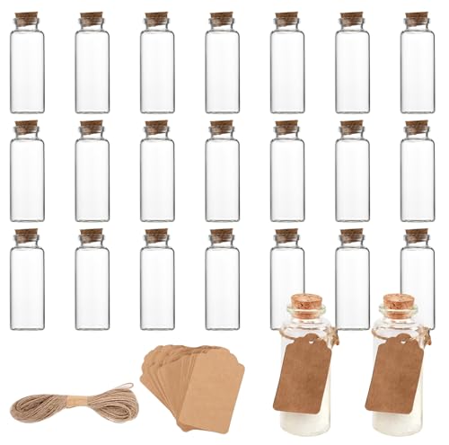 Yeria 22er Set Mini Glasflaschen mit Korken 40ml – Wunschflaschen mit 22 Kraftpapier-Etiketten & 10m Juteschnur – Kleine Glasflaschen zum Befüllen für DIY, Hochzeit, Gastgeschenke & Deko von Yeria