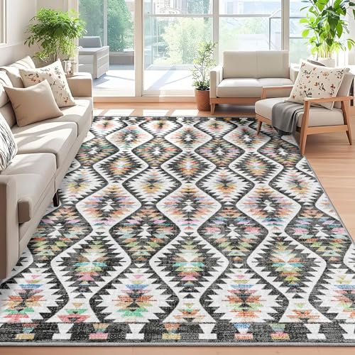 YesRug Waschbarer schwarzer Teppich, für Schlafzimmer, Boho-Stil, marokkanisches geometrisches Rankgitter, moderne Teppiche mit lebendigen Farbtönen für Wohnzimmer, Nachttisch, Küche, Esszimmer von YesRug