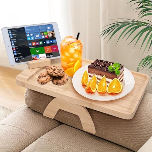 Yesaler Sofa Armlehne Tablett Faltbarer mit 360° Drehbarer Handyhalterung Holz Bambus Clip-On-Tablett Tragbares Sofa-Armlehne für Fernsteuerung Telefon Getränke Snacks von Yesaler