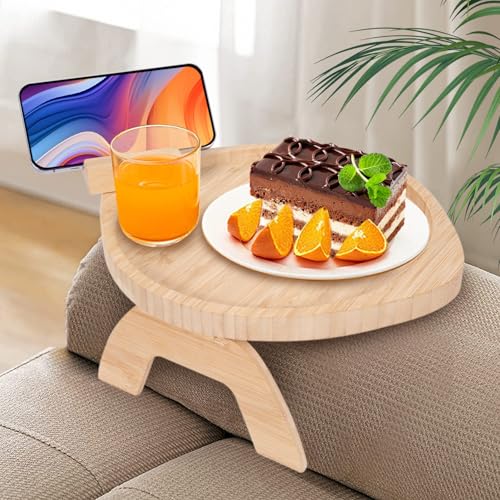 Yesaler Sofa Armlehne Tablett Faltbarer mit 360° Drehbarer Handyhalterung Holz Bambus Clip-On-Tablett Tragbares Sofa-Armlehne für Fernsteuerung Telefon Getränke Snacks von Yesaler