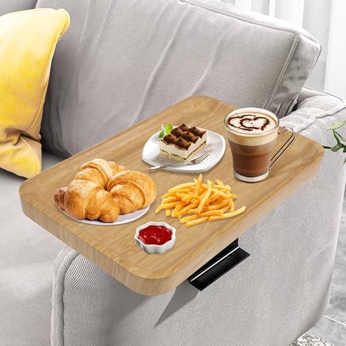 Yesaler Sofa-Tablett aus Holz Einstellbarer Rechteckig Couch Tablett Wasserdicht Sofa Armlehne mit Metallbeinen für Snacks Handy Fernbedienung 26.5 * 38.5cm Holzfarbe von Yesaler