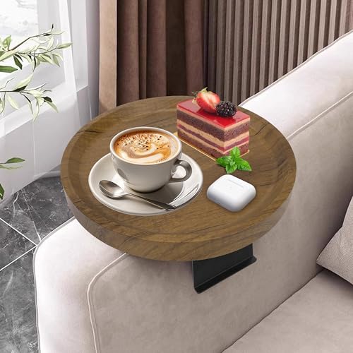Yesaler Sofa-Tablett aus Holz Einstellbarer Runden Couch Tablett Wasserdicht Sofa Armlehne mit Metallbeinen für Snacks Handy Fernbedienung Durchmesser 30 cm Holzfarbe von Yesaler