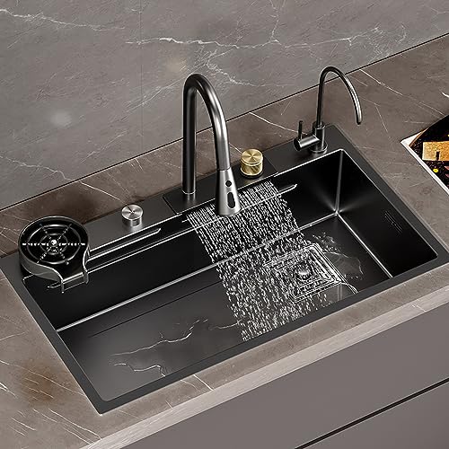 Yesbon Küchenspüle Edelstahl Spüle Küchenspüle Fliegende Regenspüle Haushaltsspüle Integrierte Spüle mit ausziehbarem Wasserhahn, Schneidebrett, Tassenwaschmaschine,60cm × 45cm× 21cm von Yesbon