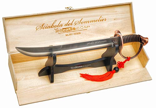 YesEatIs - Champagnersäbel für Sommelier mit Holzvitrine - bronzefarbener Griff - 2 Zierbänder inklusive von YesEatIs