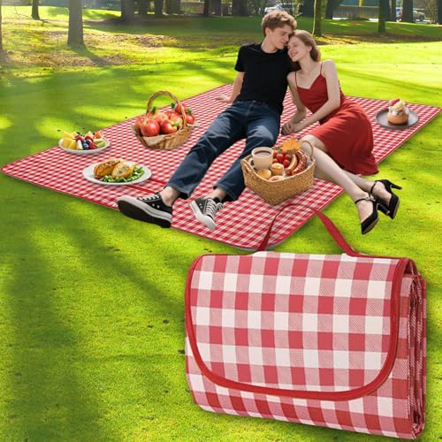 Yesmoyhe Picknickdecke Rot Kariert, 200x200cm Picknick-Matte Rot Karier, picknickdecke rot weiß kariert, picknickdecke groß, wasserdicht Picnic Blanket, für Garten, Strand von Yesmoyhe