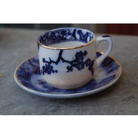 Vintage/Antique Flow Blue Gilman Cta Sacavem Portugal Apple Blossom Muster Mokkatasse Und Untertasse Mit Goldrand ~ 2 von YesterdayAndTomorrow