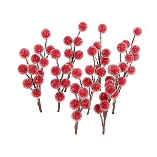 Yetaha 10 Pcs Weihnachten künstliche Holly Berries(Rot bereift Früchte am Zweig) für die Dekoration von Yetaha