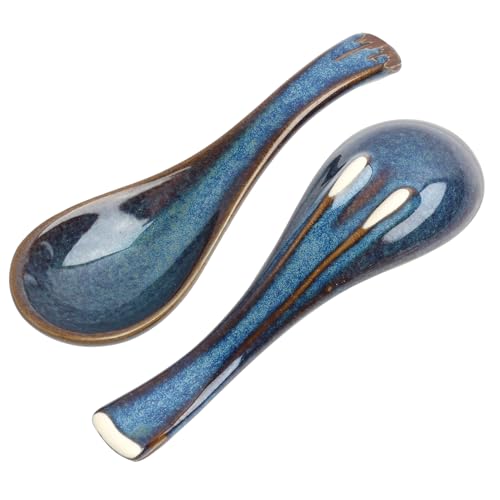 2 PCS Japanische Art-Blaue Keramik Suppenlöffel, Retro Ramen-Löffel im, kurzer Stiel, kreative Porzellanlöffel für Suppen, Desserts und Obst, Ideal für den Haushalt und das Esszimmer 2 PCS Japanische Art-Blaue Keramik Suppenlöffel, Retro Ramen-Löffel im, kurzer Stiel, kreative Porzellanlöffel für Suppen, Desserts und Obst, Ideal für den Haushalt und das Esszimmer von Yewseas