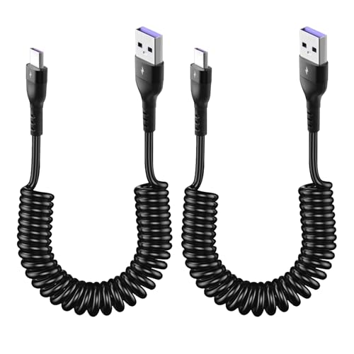 2 PCS USB C Spiralkabel 0,4m, Schwarz, Typ C Android Auto Ladekabel Datenkabel, Flexibles Datenkabel für Android Auto und CarPlay, Schnellladung & Datenübertragung, Dehnbares Design, Kompatibel mit al von Yewseas