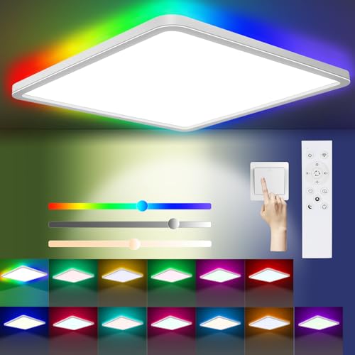 Led Deckenleuchte Dimmbar, 24W 3200LM 13RGB Deckenlampe Farbwechsel 3000K-6500K mit Fernbedienung, IP54 Wasserfest Quadrat Flach Deckenbeleuchtung für Schlafzimmer Küche Wohnzimmer Balkon Büro Keller von Yexati