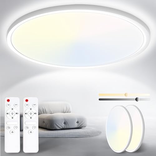 Yexati 2 Stücke LED Deckenleuchte, 24W 3200LM Deckenlampe Flach Dimmbar mit Fernbedienung 3000K-6500K, IP54 Ultra Dünn Schlafzimmer Lampe für Wohnzimmer Kinderzimmer Küche Badezimmer Ø29.5cm Rund Weiß von Yexati