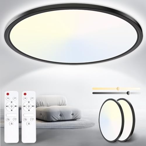 Yexati 2 Stücke LED Deckenleuchte 24W 3200LM Deckenlampe Flach Dimmbar mit Fernbedienung 3000K-6500K IP54 Ultra Dünn Schlafzimmer Lampe für Wohnzimmer Kinderzimmer Küche Badezimmer 29.5cm Rund Schwarz von Yexati